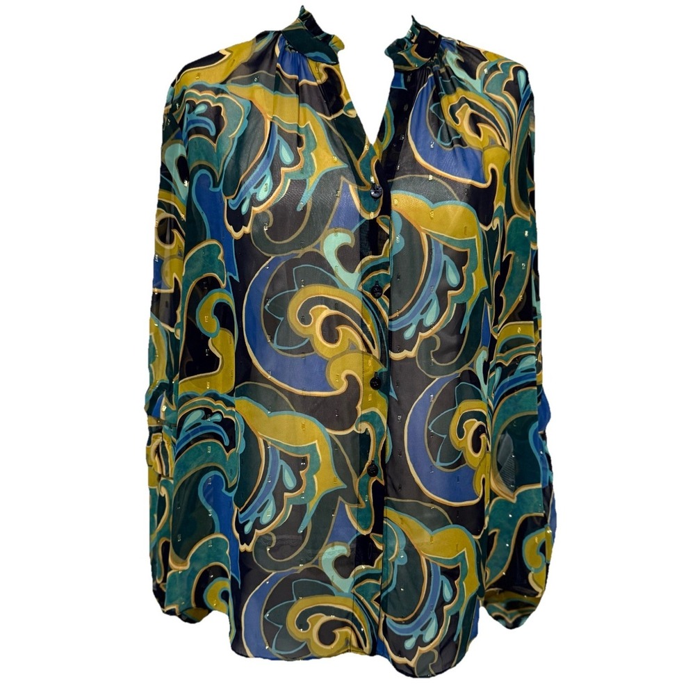 CHICO'S Blue/Green/Black Sheer Chiffon‎ Clip Dot Swirl Print Blouse Size 2 Large